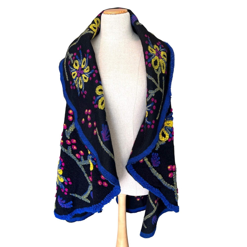 Kaktus Floral Embroidered Wool Draped Shaw Vest Women S/M Italian Boho Artisan